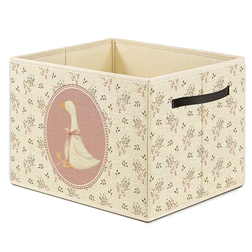 OTOUO Coquette Pink Bow Goose Floral Storage Bin Box, Goose Nursery Decor, Cottagecore Flower Animal Foldable Laundry Basket Toys Books Clothes Organizer for Girls Kids Room Playroom Decor