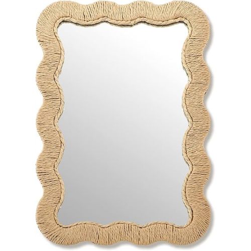 Junkin Boho Coastal Mirror Natural Wicker Scalloped Rattan Mirror with Decorative Rattan Frame Boho Coastal Decor for Bathroom Living Room, Entryway Decor(Rectangle,10.4 x 15.8 in)