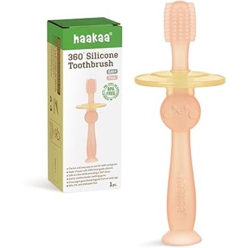 haakaa 360° Baby Toothbrush with Suction Base - Gentle Cleaning for Toddler's Self-Brushing Training, Food-Grade Silicone, Adjustable Safety Shield - Pink (1 Piece)