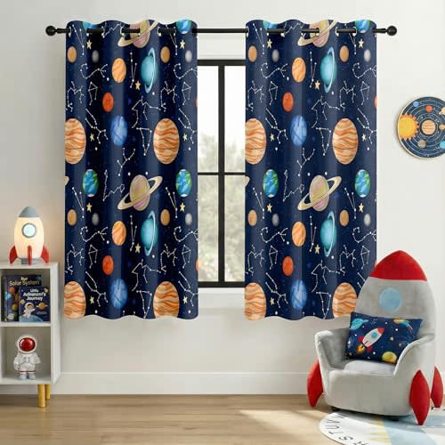 Kids Space Constellation Planets Blackout Curtains - 100% Blackout, Thermal Insulated, Noise Reducing, Perfect for Kids Room and Nursery, 2 Panels (Constellation Planets, W52×L63)