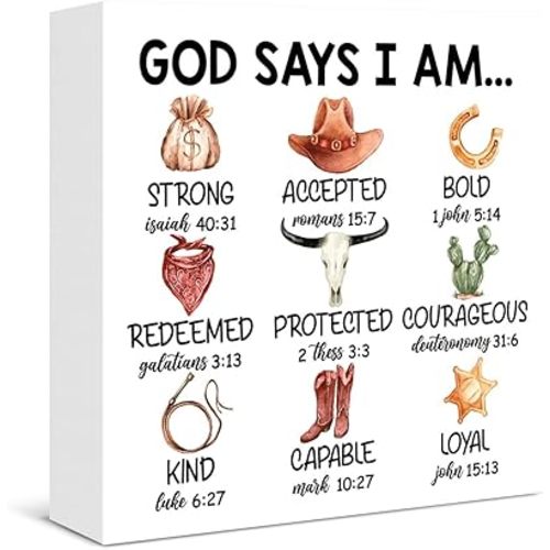 Western Cowboy Decor God Says I Am Cowboy Christian Bible Verses Wooden Box Sign for Toddler Boys Room Bedroom Playroom Nursery Decor Wild West Decorations