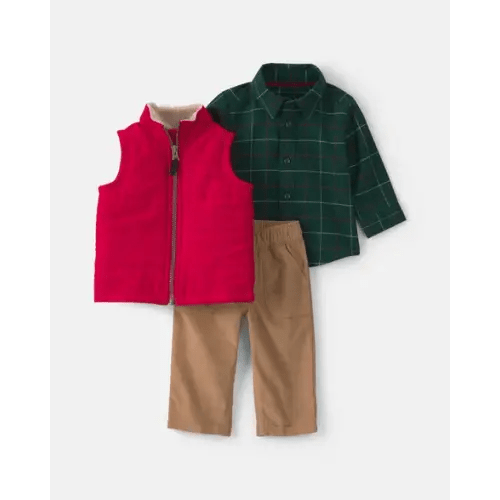 Baby Boy 3-Piece Plaid Twill Long-Sleeve Layering Set - Red/Green/Khaki | Carter's