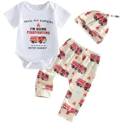 Newborn Baby Boy Outfits I’m Going Firefighting With Daddy Fire Truck Romper Pants Set Firefighter Clothes 3PCS