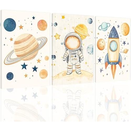 SWQYLB 3 Piece Space Wall Art for Kid Room Nursery Decor Outer Space Theme Astronauts Pictures Canvas Prints Framed Toddler Boys Girls Room Decor (11"x14"x3)