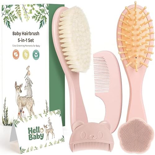 5 Piece Baby Hair Brush Set, Wooden Baby Brush and Comb Set with Natural Soft Goat Hair Bristles, Cradle Cap Brush, Baby Essentials Grooming Kit for Boy Girl