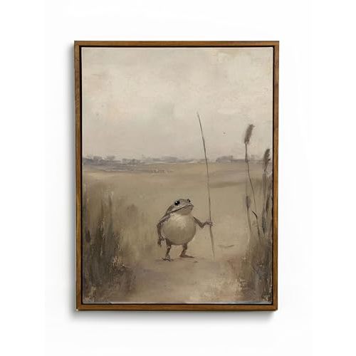 Framed Whimsical Frog Traveler Wall Art Vintage Cottagecore Painting Animal Canvas Poster Funny Animal Picture Print Moody Nature Wall Decor For Home Bedroom Office Ready To Hang