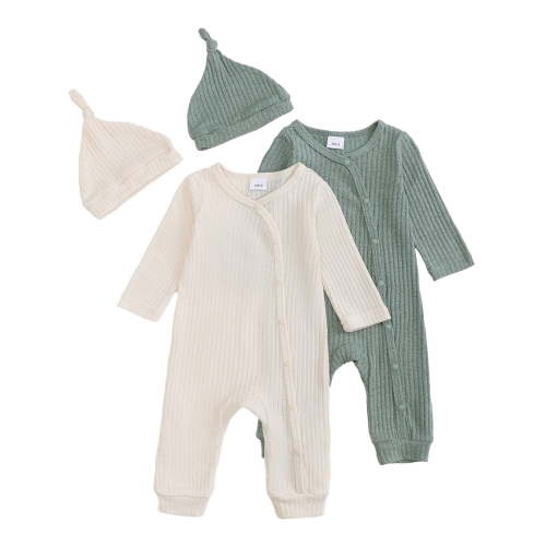 Actgleam Newborn Baby Boys Girls Pajamas with Hat Long Sleeve Button Solid Bodysuit Romper 2-Pack,6-9 Months