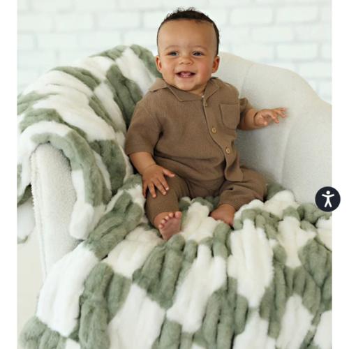 Hugs Check Sage Plush Blanket | Minky Couture