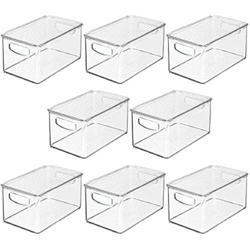 mDesign Deep Plastic Bathroom Storage Bin Box, Lid/Built-in Handles, Organization for Makeup, Hair Styling Tools, Toiletry Accessories in Cabinet, Shelves, Ligne Collection, 8 Pack, Clear