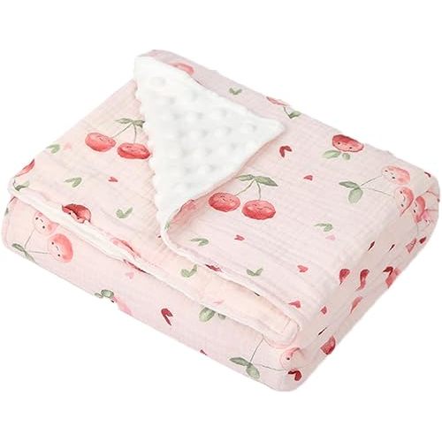 Baby Boys Girls Minky Blanket with Muslin Cotton Front and Dotted Fleece Backing, Soft Nursery Receiving Blankets for Newborn Toddler Crib Stroller Car Seat (Cherry)