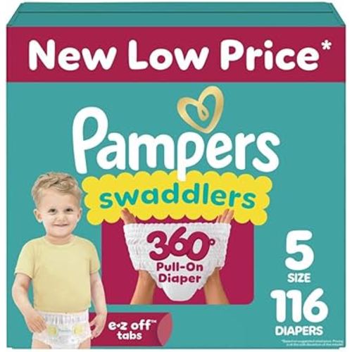 Pampers Diapers - Swaddlers 360° - Size 5, 116 Count, up to 100% Leakproof Comfy Dry Fit, Designed for Easy Changes, Pull On Baby Diaper (Packaging May Vary)