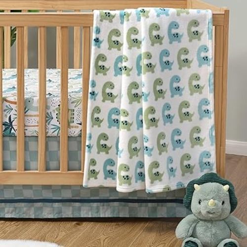 The Peanutshell Baby Crib Bedding Set for Boys - 3 Pieces - Newborn, Infant & Toddler Bed - Dino Fitted Crib Sheet and Plush Baby Blanket Set with Checkered Dust Ruffle - Dinosaur Nursery Decor
