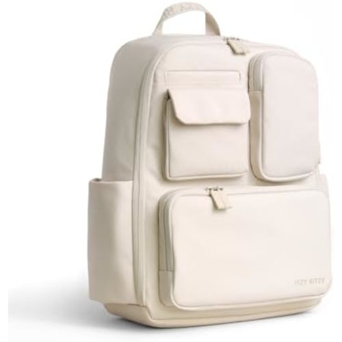 Itzy Ritzy Utility Diaper Bag Backpack – Features 17 Pockets (Including 2 Insulated Bottle Holders) & Trolley Sleeve and Includes Stroller Straps & Changing Pad – Part of the Belong Collection (Cream)