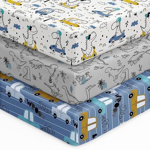 Unnivoll Baby Crib Sheets for Boys Girls, 28x52x8in Fitted Crib Sheet Neutral 3 Pack for Standard Crib and Toddler Mattress, Breathable Soft Microfiber Baby Sheet Grey & Blue Car