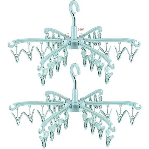 Foldable Drying Rack with 24 Clips for Drying Socks Lingerie Baby Clothes Drying Towels Rotatable Sock Drying Rack 2pcs (Green)