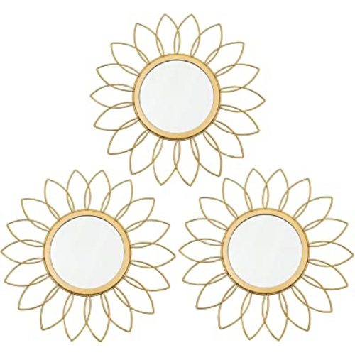 3 Pack Metal Mirrors for Wall Sunburst Wall Mirrors Home Décor Decorative Hanging Wall Art for Living Room Bedroom Entryway (Gold, Flowers)