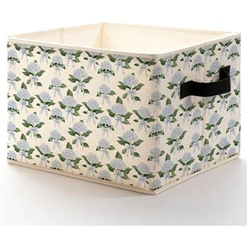 Coquette Bow Blue Hydrangea Floral Storage Bins Box, Toybox for Girls, Rustic Hydrangea Flower Foldable Baskets Organizer with Handles for Bedroom Bathroom Home Clothes Toys Books