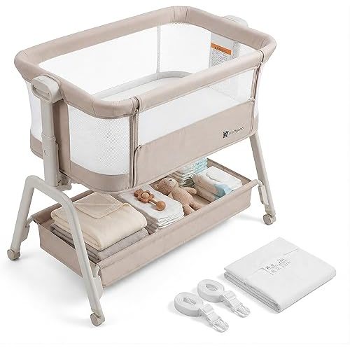 All-in-1 Bedside Bassinet for Baby – Adjustable Height Bedside Sleeper with Full Mesh Sides 2 Breathable Sheets & Storage Basket | Portable Baby Bassinet for Newborns with Wheels Bed Anchor