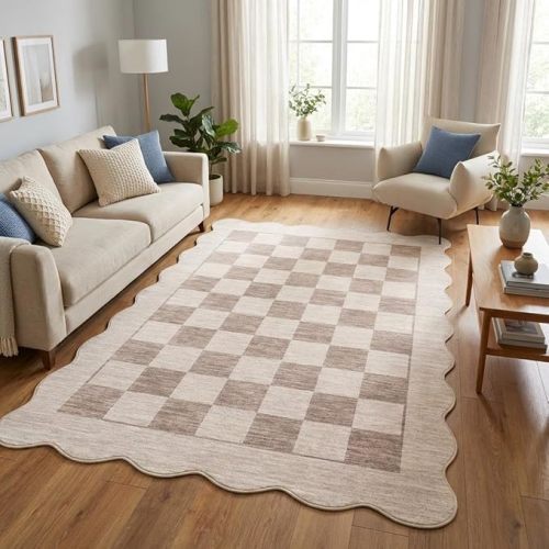 Scalloped Area Rug 5x7 Modern Checkered Living Room Carpet, Non Slip Non Shedding Low Pile Indoor Rug, Machine Washable Geometric Floor Mats for Bedroom, Playroom, Office, Beige Brown