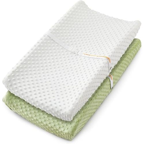 Homiest 2 Pack Changing Pad Cover, White + Sage Green Changing Table Sheets, Ultra Soft Fleece Minky Dot Fabric, Breathable Comfortable Diaper Pad Cover for Girls and Boys, Machine Washable