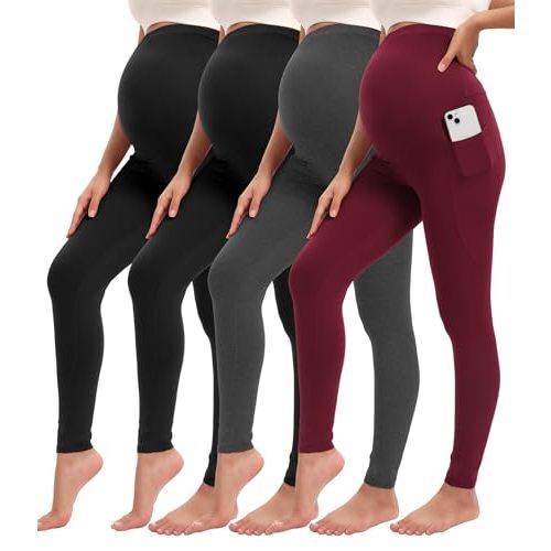 4 Pack Women’s Maternity Leggings with Pockets Over The Belly Pregnancy Workout Yoga Pants Activewear