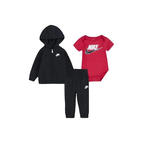 Nike Baby Boys Bodysuit, Zip Hoodie & Pants 3 Piece Set (Black(56I553-023)/Red, Newborn)