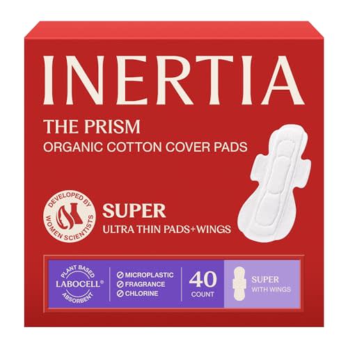 INERTIA The Prism Super – Truly Organic Ultra Thin & Leak-Proof Organic Cotton Korean Pads with Wings | Heavy Absorbency | Hypoallergenic, Super Absorbent, Chlorine-Free & Fragrance-Free (40 Count)