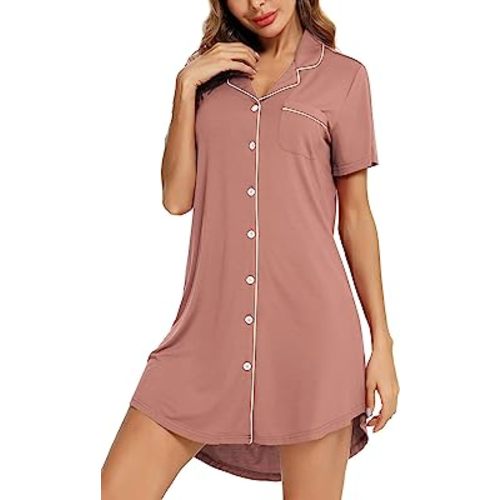 Samring Pajama Nightgown for Women Short/Long Sleeve Button Down Nightwear Top Boyfriend Sleep Shirts Nightdress S-XXL
