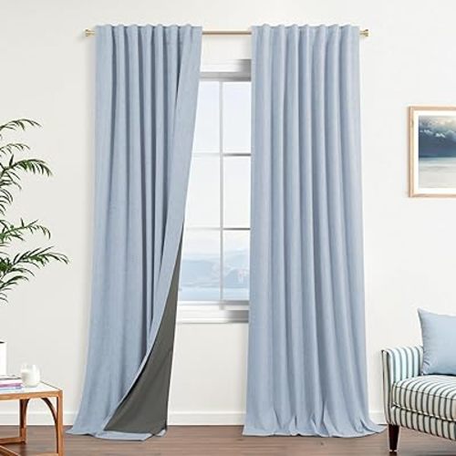 Light Blue Blackout Curtains for Nursery Boy,Linen Baby Sky Blue Thermal Black Out Rod Pocket Preppy Coastal Grand Millenial Bluey Pastel Curtains for Kids Room Girls Bedroom Living 84 Inch Length