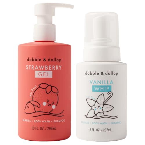 Dabble & Dollop Strawberry + Vanilla Kids 3-in-1 Body Wash, Shampoo & Bubble Bath Bundle – Gel + Foam Whip Set, Tear-Free, Gentle, Natural-Origin, Hypoallergenic & Safe for Sensitive Skin (Pack of 2)