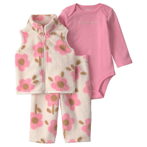 Baby Girls' Floral Fleece Vest, Long-Sleeve Bodysuit and Pants, 3-Piece Set