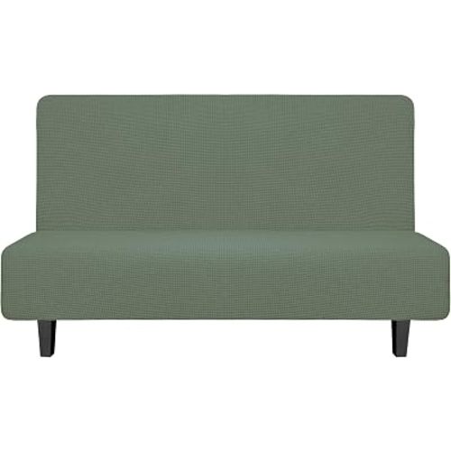 Easy-Going Stretch Futon Slipcover Armless Futon Bed Cover Furniture Protector Without Armrests with Elastic Bottom for Kids, Soft Jacquard Fabric Small Checks (Medium, Greyish Green)