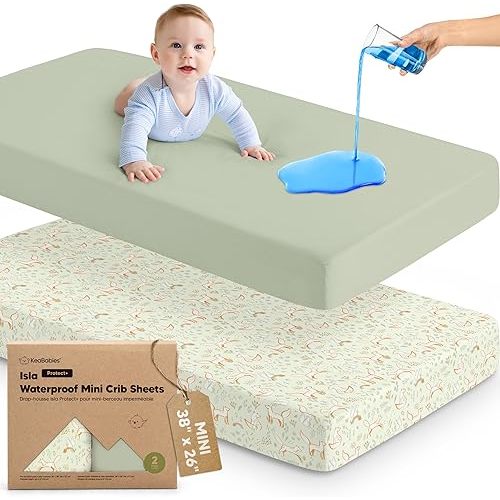 2-Pack Waterproof Pack and Play Sheets, Mini Crib Sheets Fitted for Boy, Girl - 38 x 26 Viscose from Bamboo Pack N Play Mattress Sheets for Graco, Toddler Playard Baby Crib Sheets Neutral (Foxtrot)
