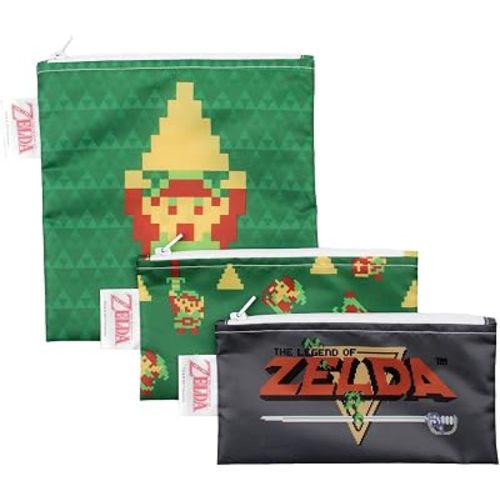 Bumkins Nintendo Reusable Sandwich and Snack Bags, for Kids School Lunch and for Adults Portion, Washable Fabric, Waterproof Cloth Zip Bag, Travel Pouch, Food-Safe Storage, 3-pk Legend of Zelda