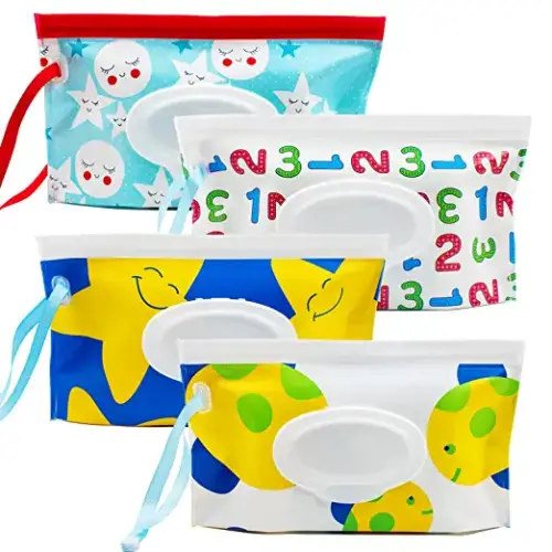 LESHANE Baby Wipe Dispenser, 4 Pack Portable Refillable Wipe Holder, Reusable Lightweight Wipes Container Case Holder for Travel Wet Wipe Pouch, Cartoon - 2.Cartoon