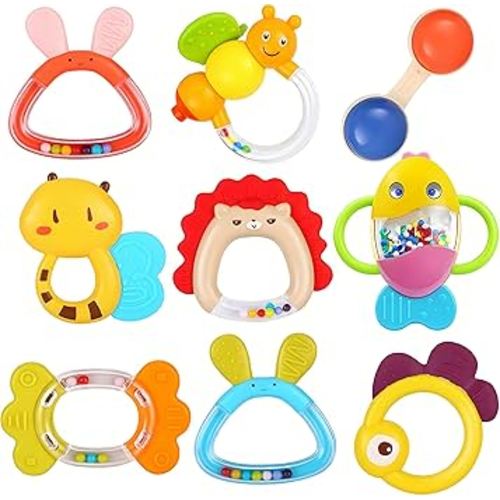 MOONTOY 9pcs Baby Rattles 3-6 Months, Infant Teething Toys 3-6 Months, Teethers Baby Toys 6-12 Months Sensory Toys for Babies 3 4 5 6 7 9 10 Month Boy Girl Gifts