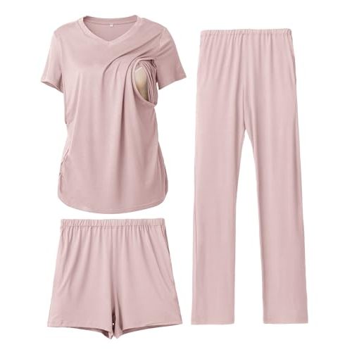 Rnxrbb 3 Piece Women's Maternity Nursing Pajamas Set V Neck Breastfeeding Pjs Sleepwear Postpartum Shorts&Pants Pockets