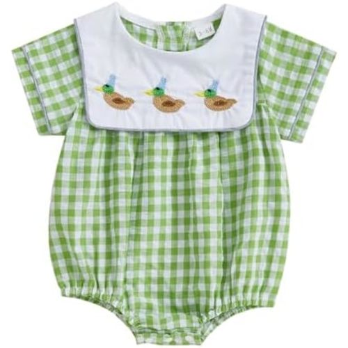 SAYOO Baby Girls Duck Romper Mallard Duck Embroidery Smocked Bubble Romper Bodysuit Newborn Infant Toddler Hunting Outfit