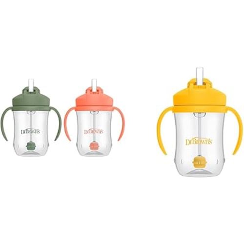 Dr. Brown's Milestones Baby's First Straw Cup, Training Cup with Weighted Straw, 9 oz/270 mL, BPA-free, 6m+, Coral/Olive Green/Vintage Yellow, 3-Pack