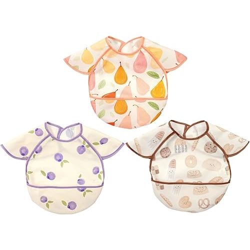 Feeding Bibs for Baby,3 Pack-Waterproof & Easy Clean Baby Bibs for Eating,Toddlers & Infant,Reversible Pockets