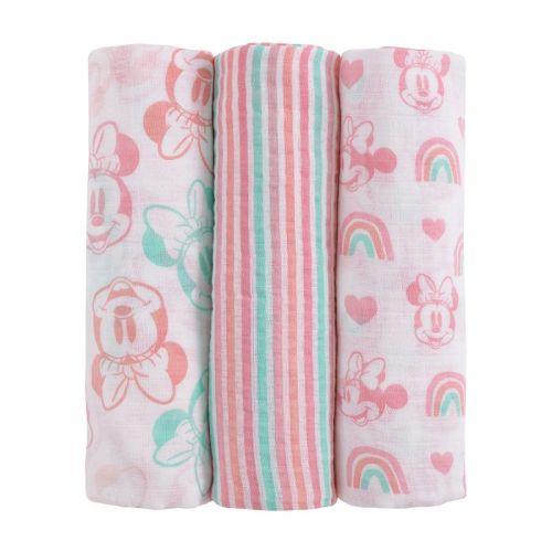 NoJo Disney Minnie Mouse Pink, Aqua, and White 3 Piece Muslin Swaddle Baby Blanket Set