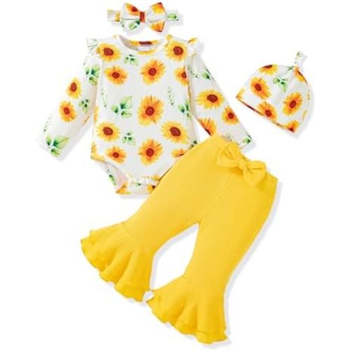 Vibebox Baby Girl Clothes Newborn Preemie Fall Winter Outfits Long Sleeve Ruffle Romper Bell Bottoms Pants Girls Clothing Set