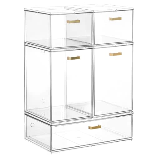 LALOBLUE Set of 5 Stackable Storage Drawers, Clear Acrylic Organizer Bins for Beauty Supplies, Perfect for Makeup Vanity, Undersink, Kitchen, Cabinet,Pantry Organization and Storage