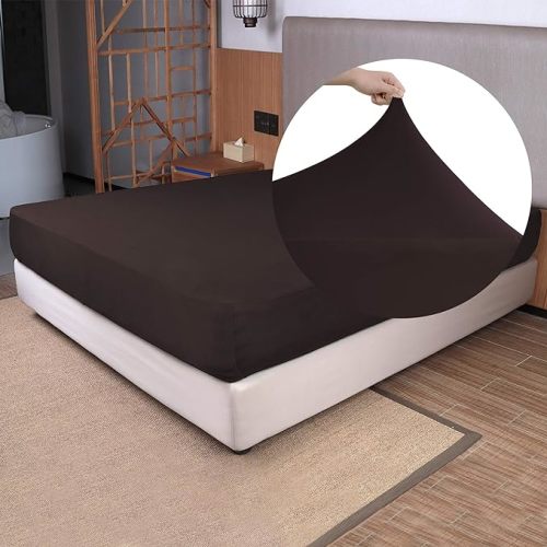 Full Size Fitted Sheet Only - 4-Way Stretch Jersey Knit, T-Shirt Feeling & Ultra Soft, Wrinkle Free, Non-Slip & Snug Fit for Mattress (Deep: 5"-16") - Brown, Full