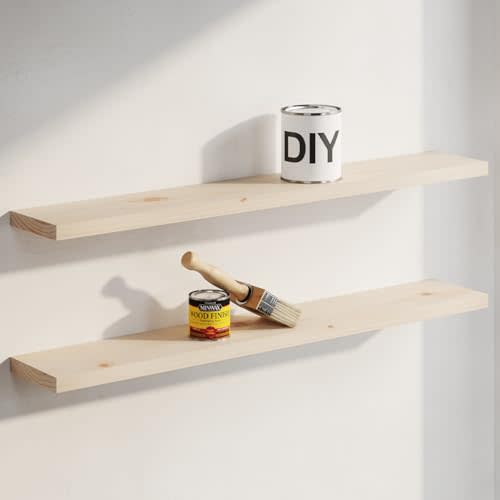 Homeforia 48 Inch DIY Floating Shelves, High-End Solid Pine Wood, Set of 2 | Unfinished Finish, Holds Up To 50 Lbs Per Shelf, Hidden Brackets, Hardware Included, 48 x 6.5 x 1.75 Inch