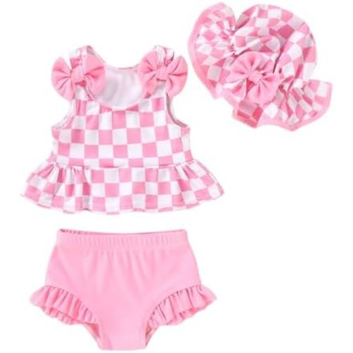 Happy Town Toddler Swimsuit Baby Girl Bathing Suit Sleeveless Bow Floral Bikini Top Ruffle Shorts with Hat Beach Swim Wear
