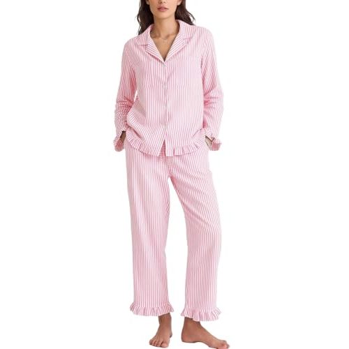 Flygo Womens Striped 2 Piece Pajama Sets Ruffle Cotton Sleepwear | Long Sleeve, Button Down, V Neck Notch Collar, Straight Leg, Elastic Waist with Drawstring Pockets, Cute Y2K Pjs Lounge Sets