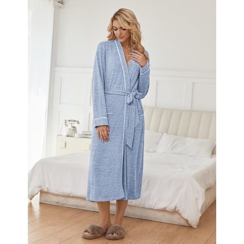 Ekouaer Womens Robe Long Bathrobe Lightweight Soft Knit Kimono Robes Ladies Casual Sleepwear S-3XL