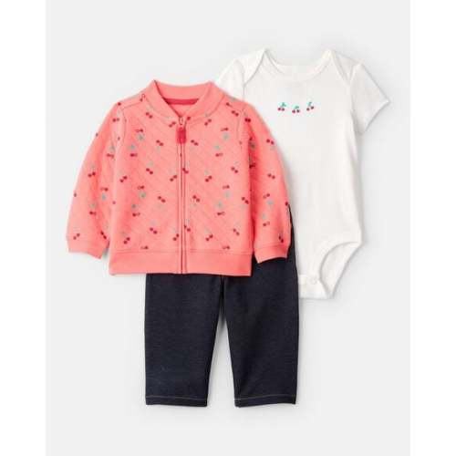 Baby Girl 3-Piece Cherry Quilted Cardigan Outfit Set - Pink | Carter's