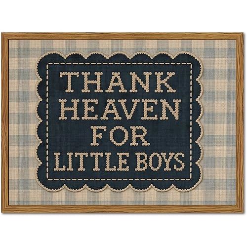 Framed Thank Heaven for Little Boys Wall Art, Baby Boy Nursery Wall Decor, Vintage Blue Gingham Inspirational Quote Paintings Canvas Prints Pictures for Toddler Kids Bedroom 12x16 inch
